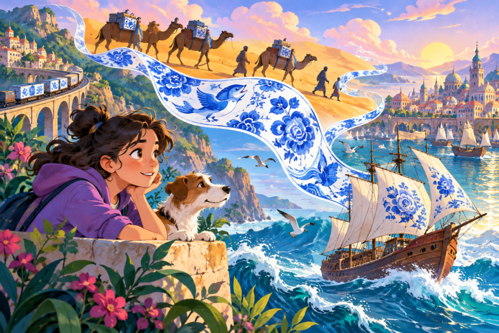 Editorial artwork for “How did blue and white travel?”: abstract blue-and-white motifs.