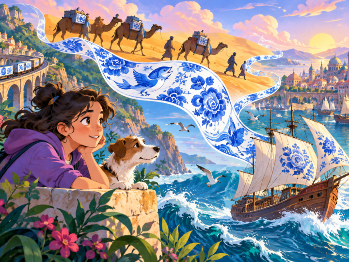 Editorial artwork for “How did blue and white travel?”: abstract blue-and-white motifs.