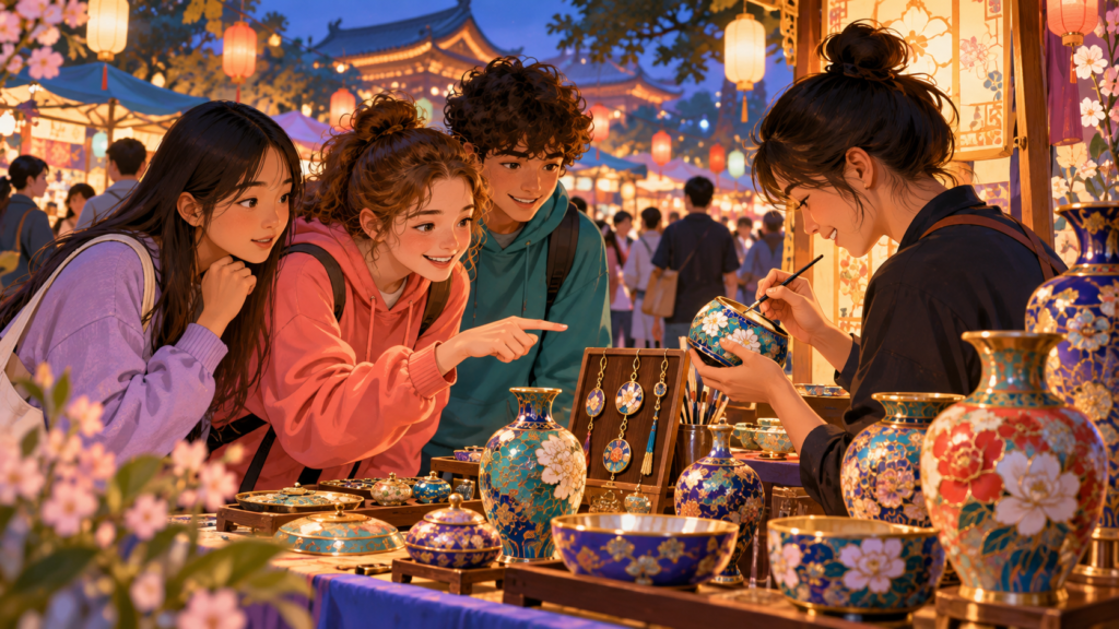 Illustration of craft stalls at an evening market