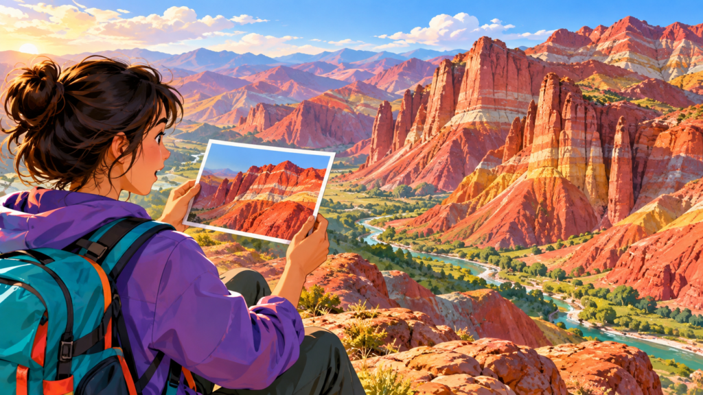 Illustration of red-coloured mountain rock formations