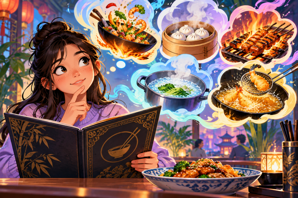 Editorial artwork for “Can a menu word tell you how food was cooked?”: cooking-method icons.