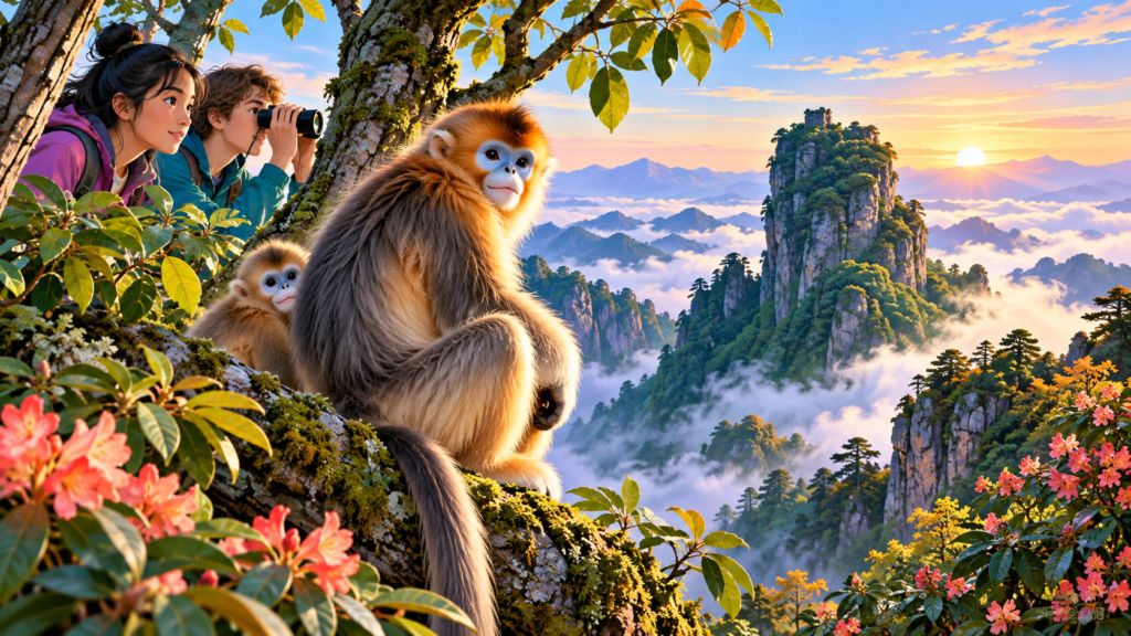 Illustration of wildlife on a mountain above clouds