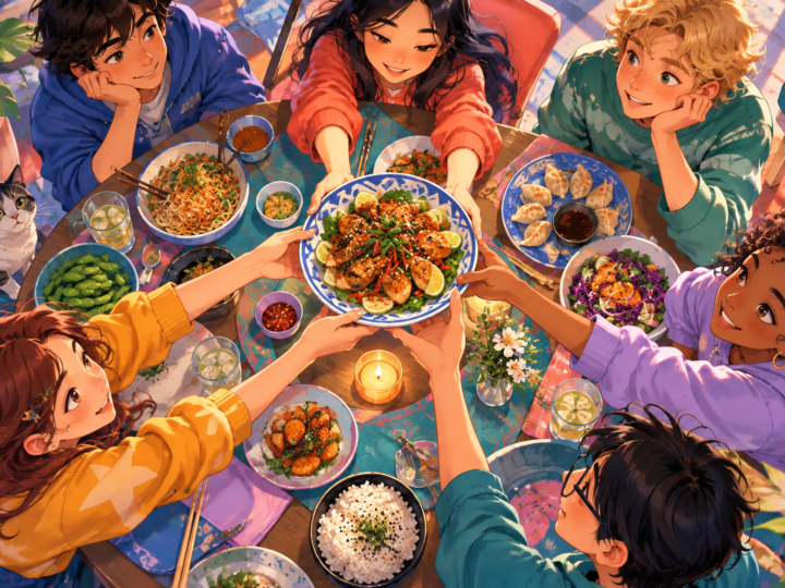 Editorial artwork for “Who gets the dish when the table turns?”: overhead shared-table composition.