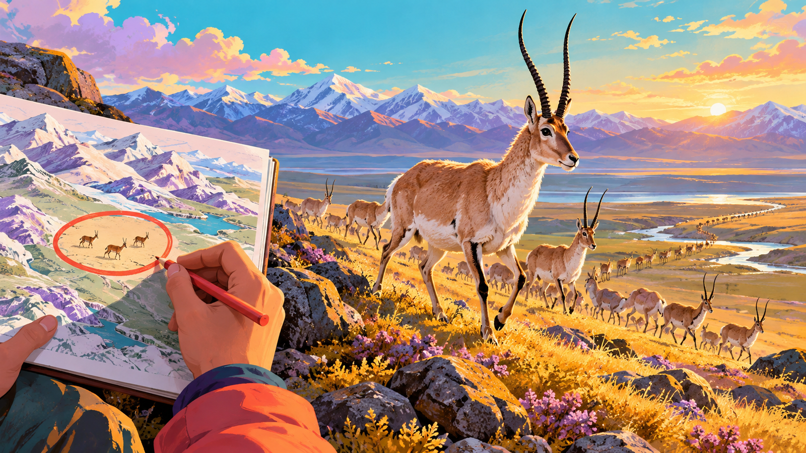 Illustration of antelope crossing a wide mountain route
