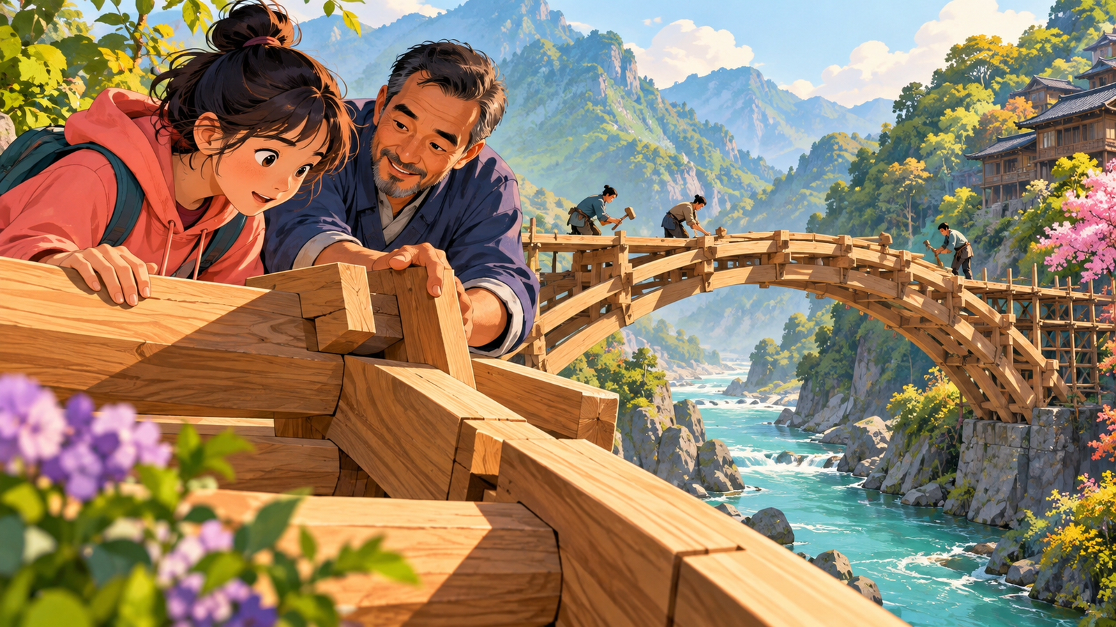 Illustration of a wooden bridge under construction
