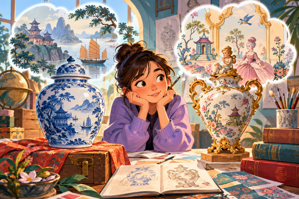 Editorial artwork for “Who imagined Chinoiserie?”: side-by-side export-object and European fantasy motif, carefully labelled.
