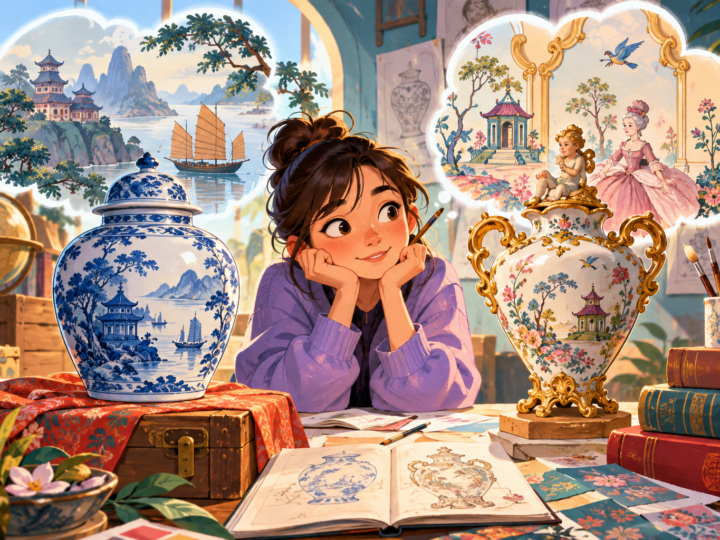 Editorial artwork for “Who imagined Chinoiserie?”: side-by-side export-object and European fantasy motif, carefully labelled.