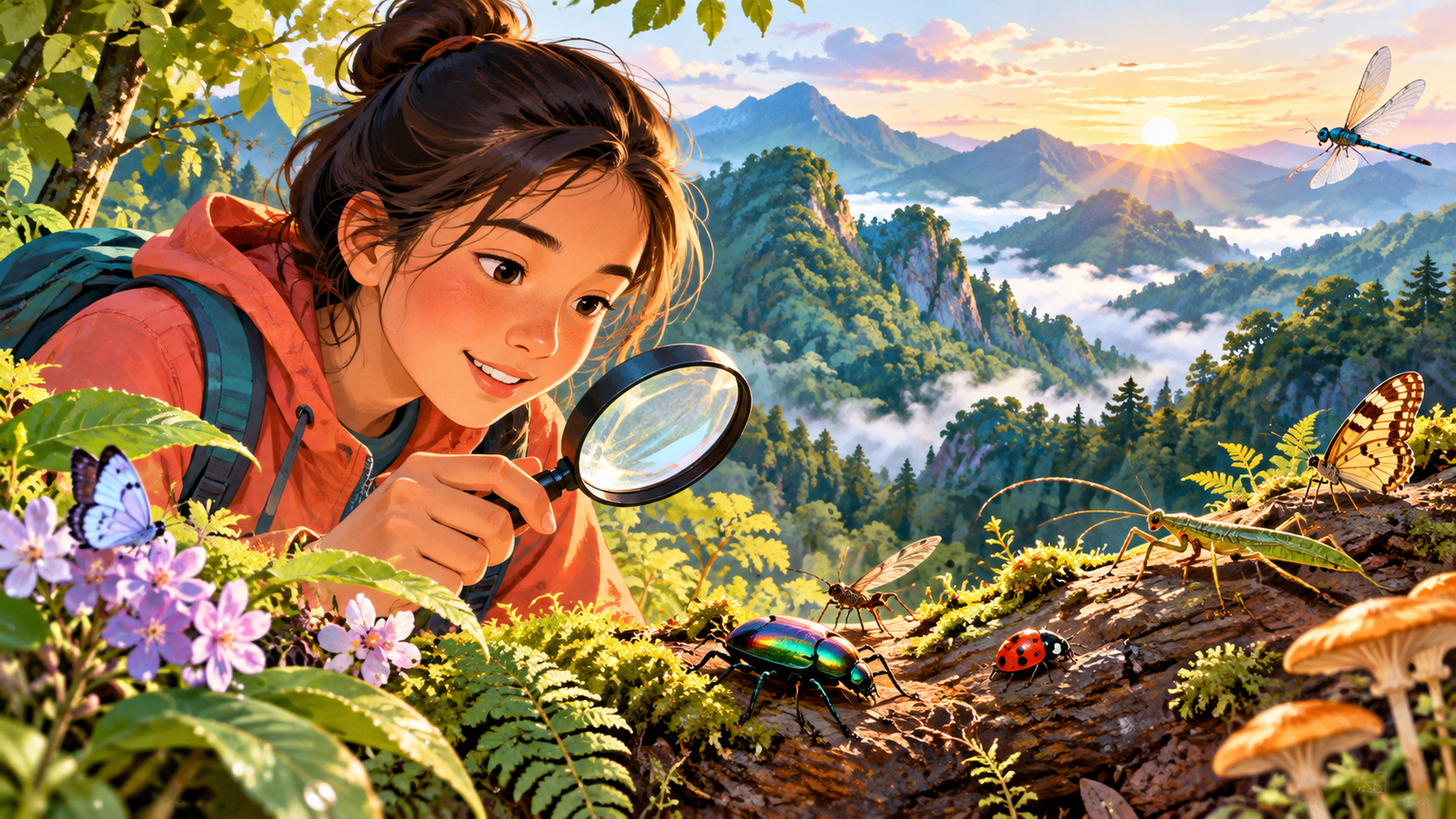 Illustration of insects in a mountain forest