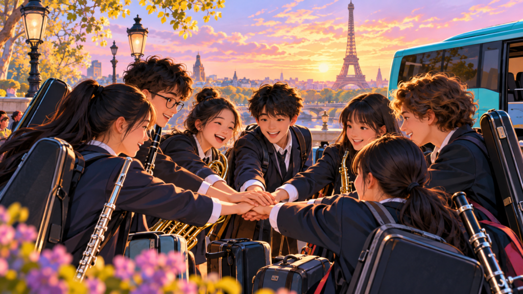 Illustration of school musicians preparing for a Paris performance