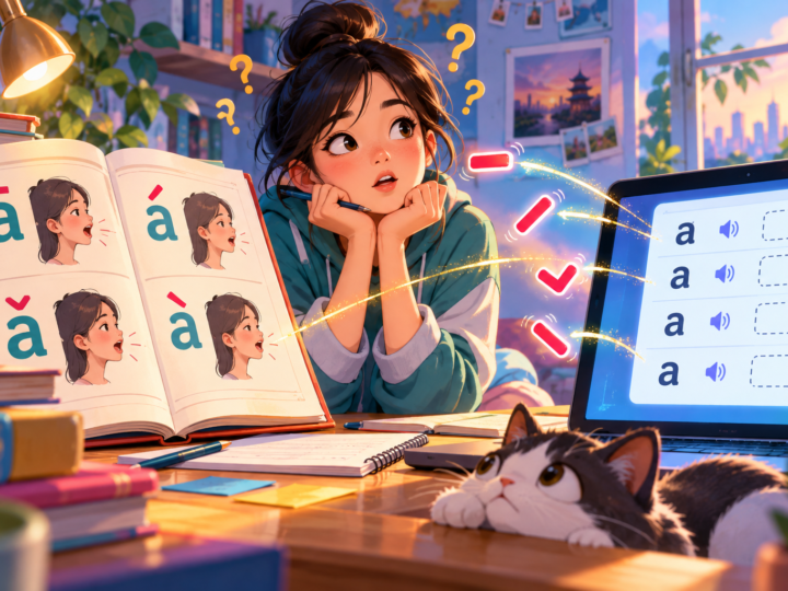 Editorial artwork for “Where did the tone marks go?”: tone-mark lesson versus candidate-list screen.