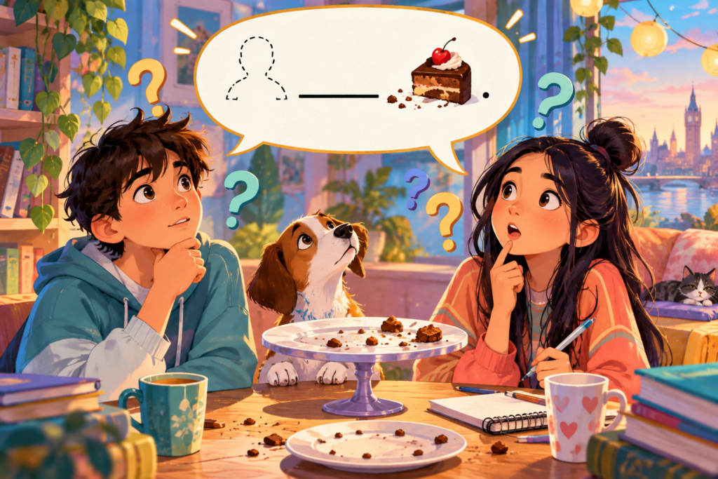 Editorial artwork for “Can a sentence leave out who did it?”: speech-bubble scene with empty subject position.