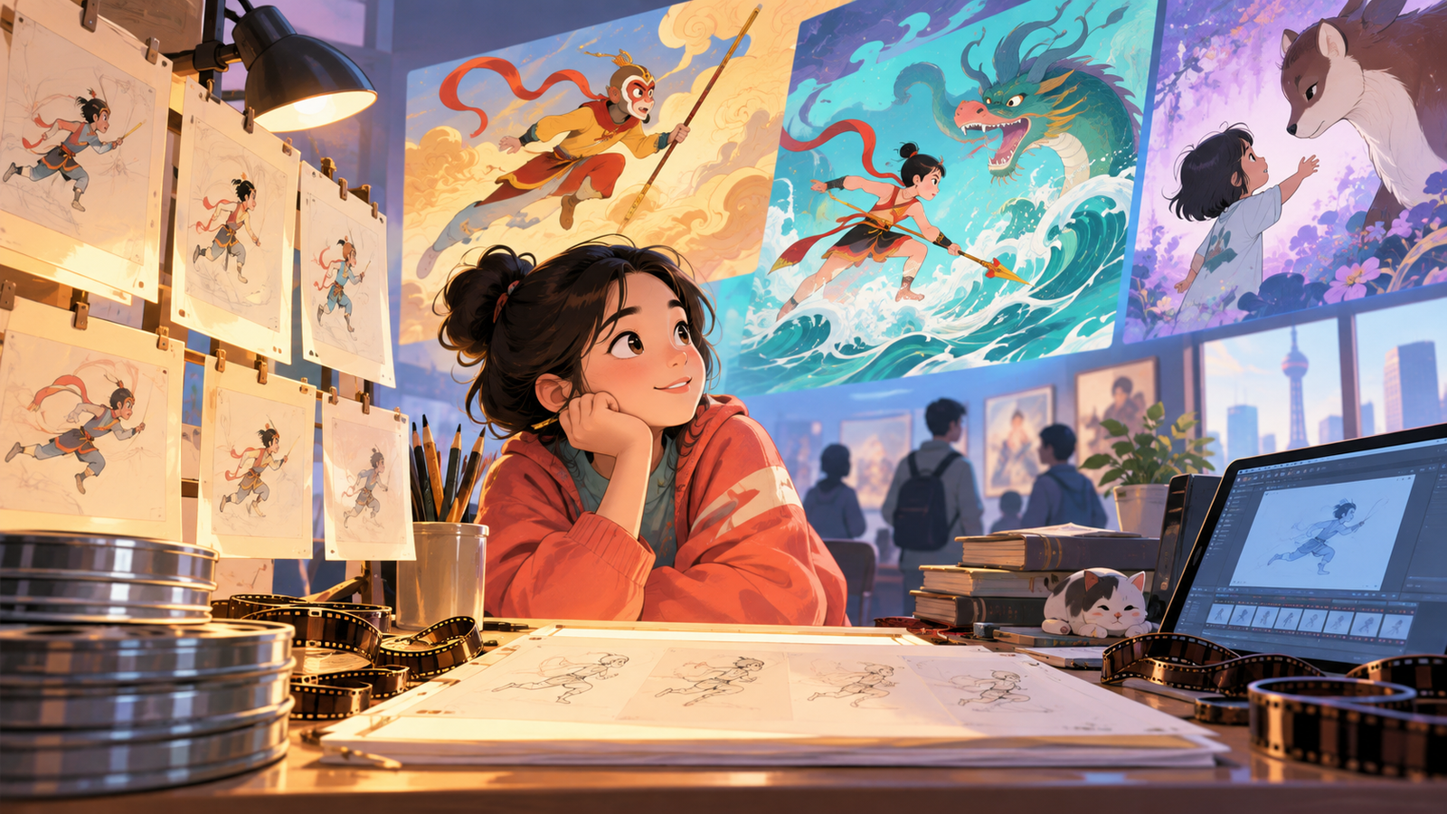 Illustration of hand-drawn animation frames beside a modern screen