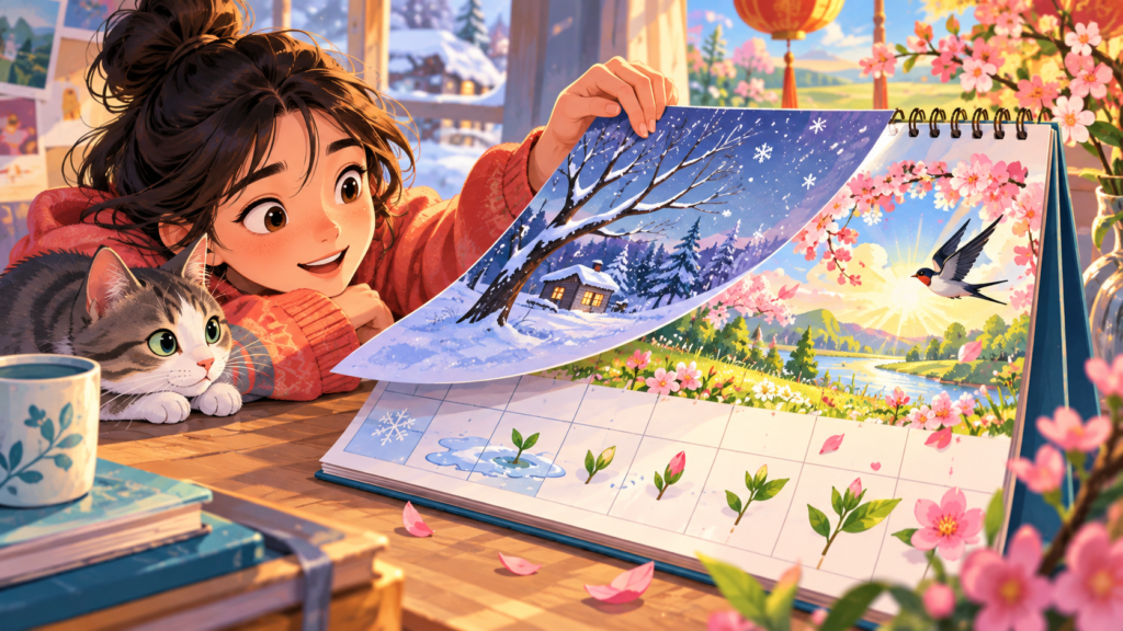 Editorial artwork for “Why call it Spring Festival in winter?”: snow-to-spring calendar transition.