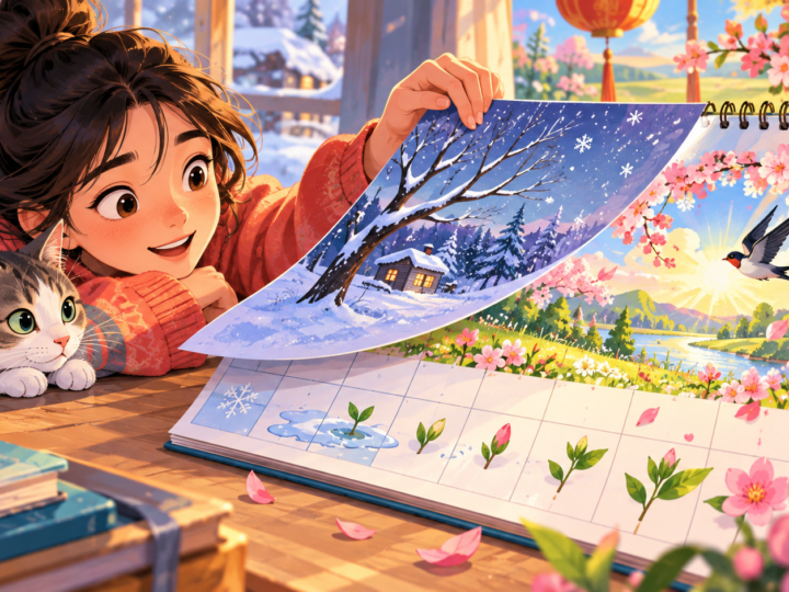 Editorial artwork for “Why call it Spring Festival in winter?”: snow-to-spring calendar transition.