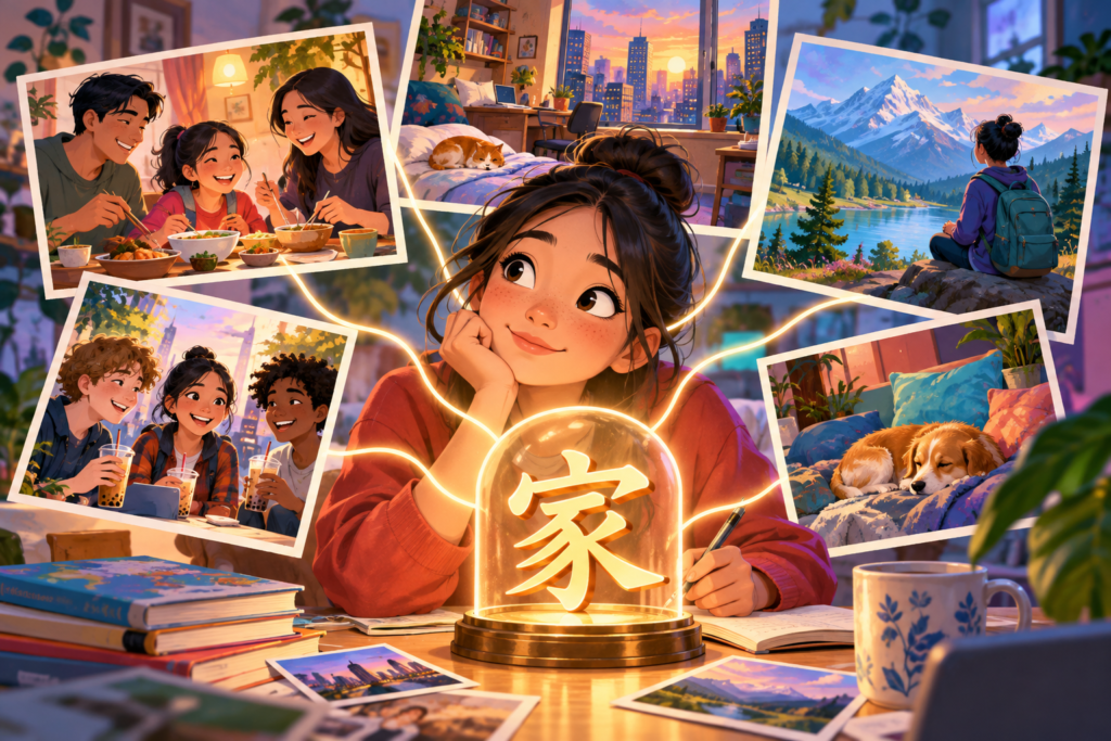 Editorial artwork for “Does one character mean home?”: typeset character in several labelled contexts after competent review.
