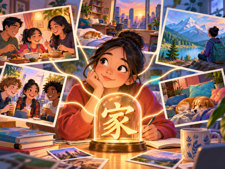 Editorial artwork for “Does one character mean home?”: typeset character in several labelled contexts after competent review.