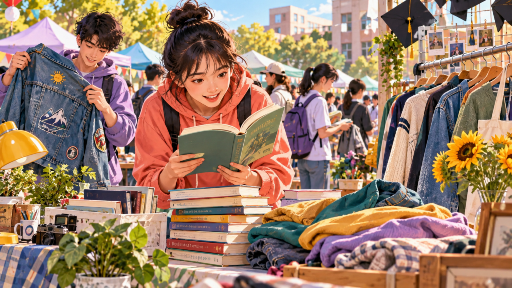 Illustration of teenagers browsing a school flea market