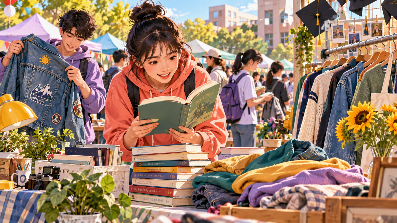 Illustration of teenagers browsing a school flea market