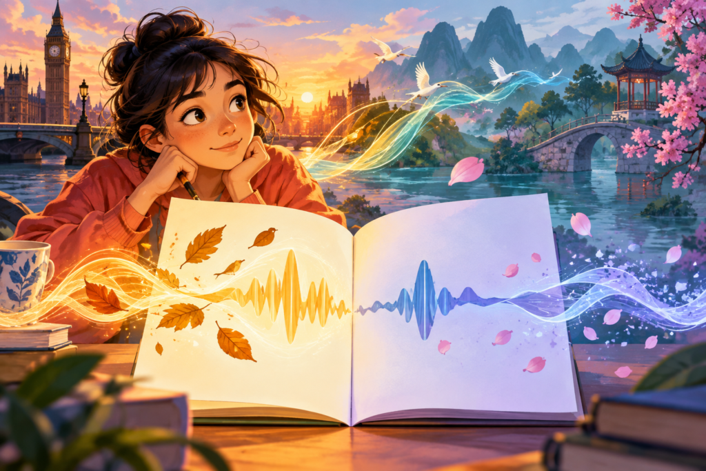 Editorial artwork for “What gets lost when a poem travels?”: two-language blank page and sound-wave metaphor.