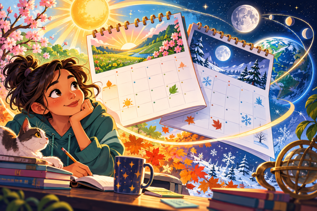 Editorial artwork for “Why does New Year move on our calendar?”: two overlapping calendars with.