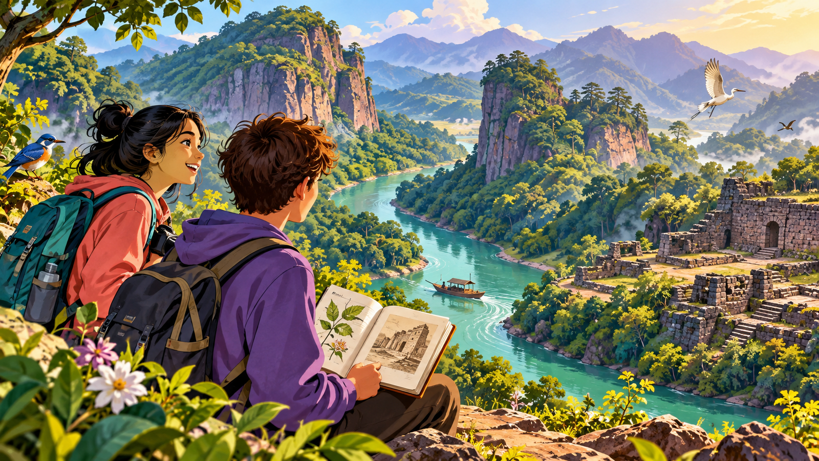 Illustration of forest, river and historic remains in a mountain landscape