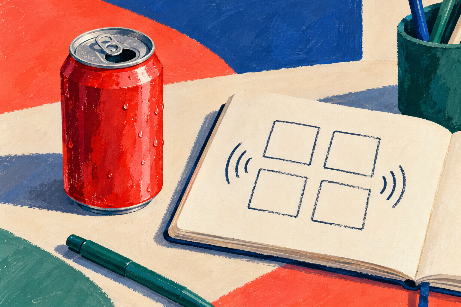 Illustration of an unbranded red drinks can beside blank cards, suggesting a name translation puzzle