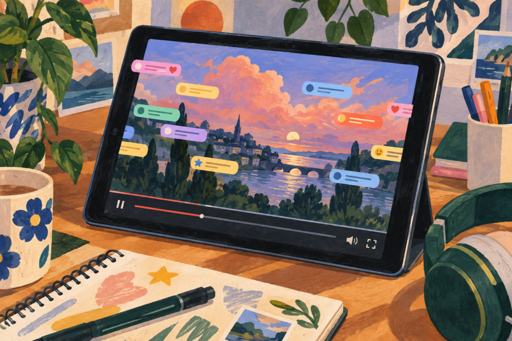 Illustration of a tablet video with coloured comments passing across the screen