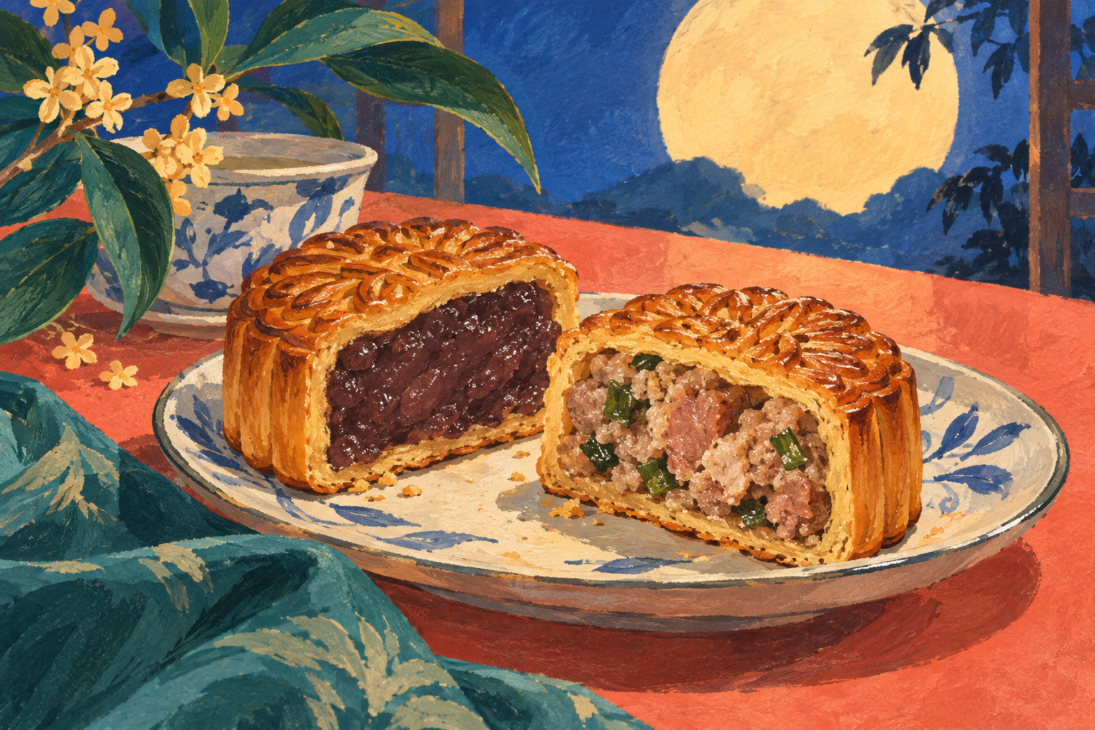 Illustration of sweet and savoury mooncakes, including a cut-open pastry