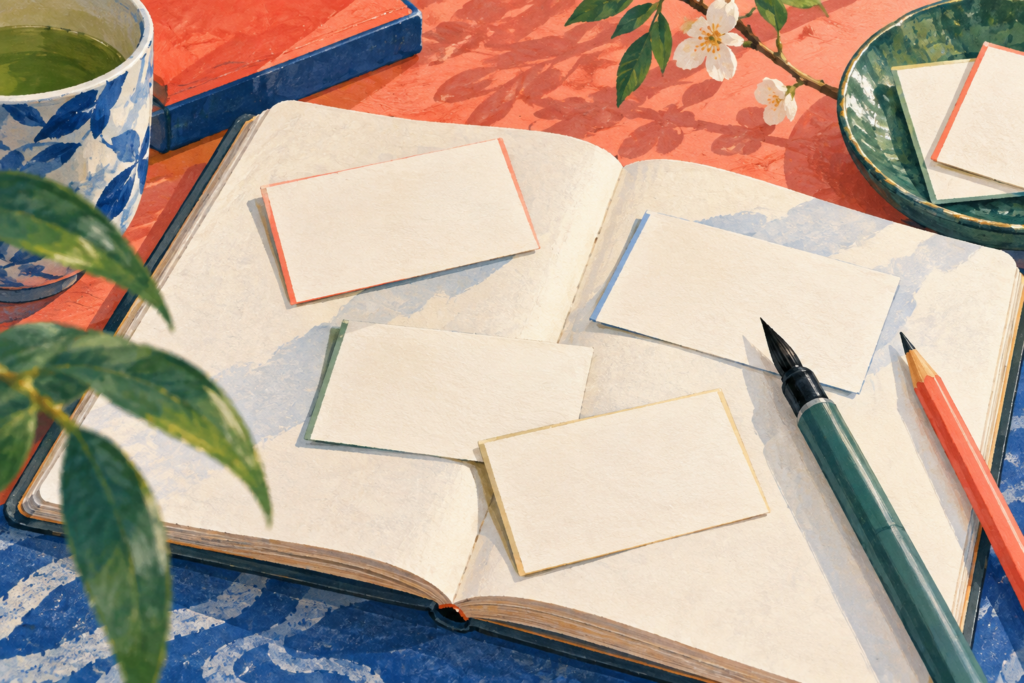 Illustration of a notebook and blank cards for considering a new name
