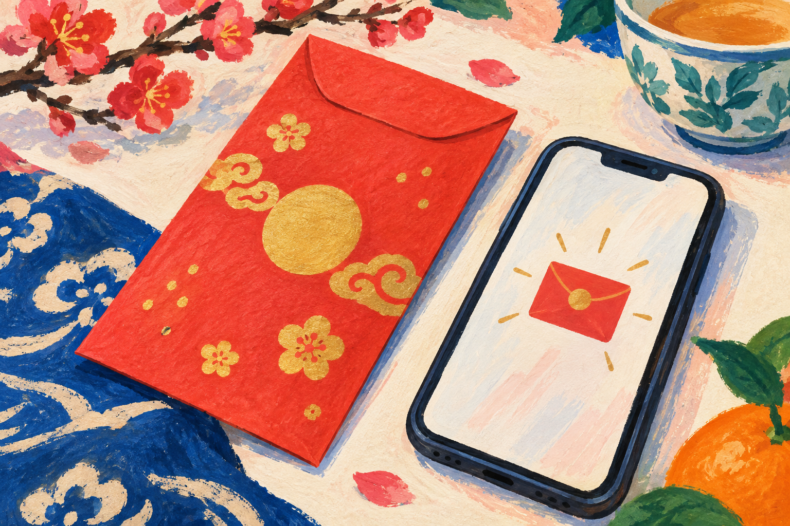 Illustration of a red paper envelope and a digital envelope on a phone