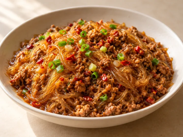 Glass noodles with minced pork served ready to eat.