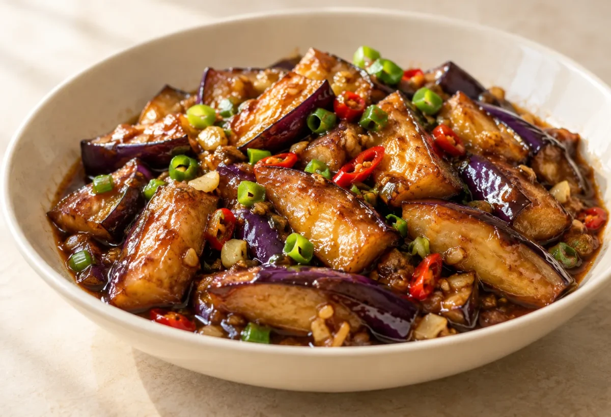 Aubergine in plum sauce served ready to eat.