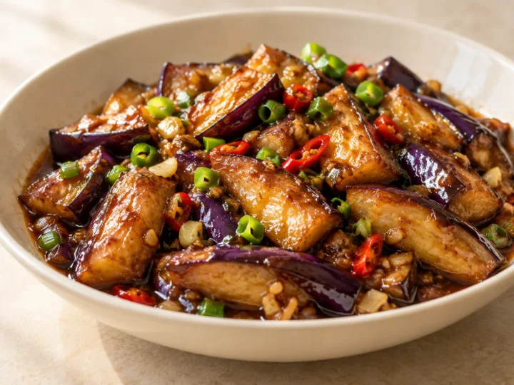 Aubergine in plum sauce served ready to eat.