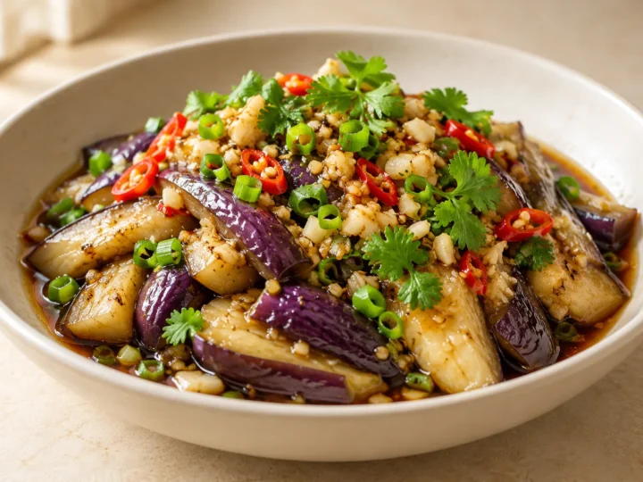 Steamed aubergine salad served ready to eat.