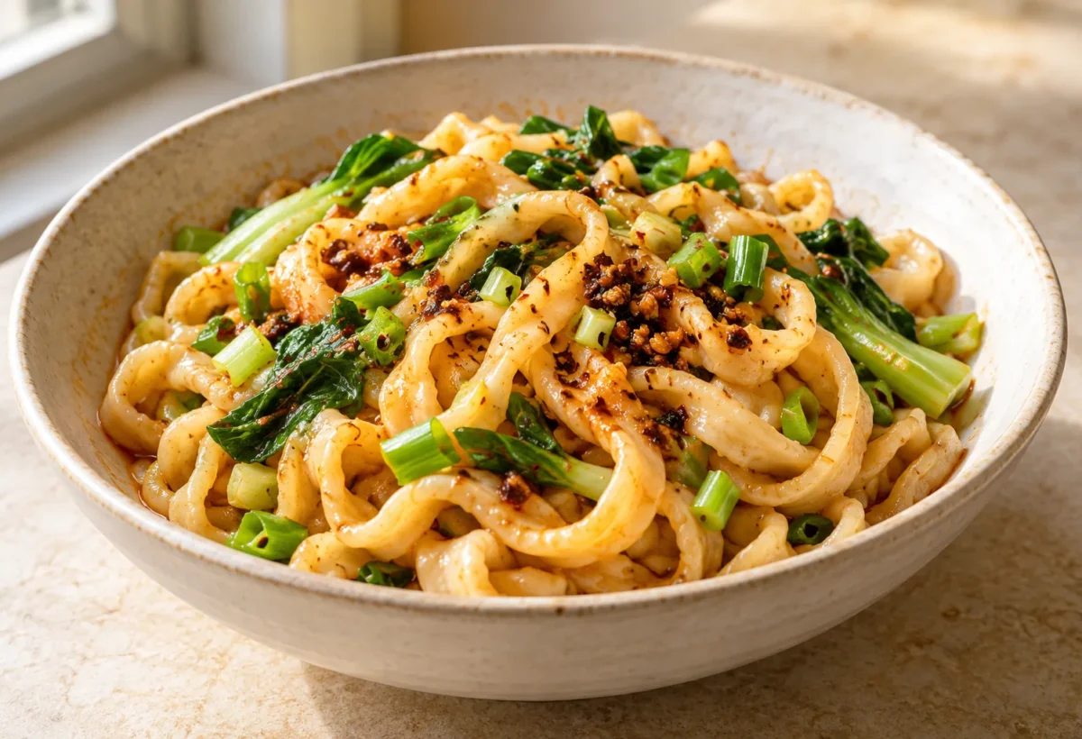 Hand-cut wheat noodles served ready to eat.