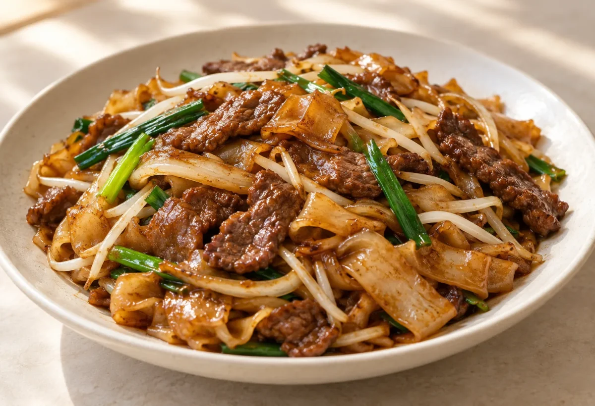 Beef chow fun served ready to eat.