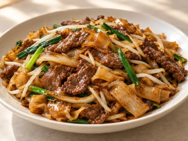 Beef chow fun served ready to eat.