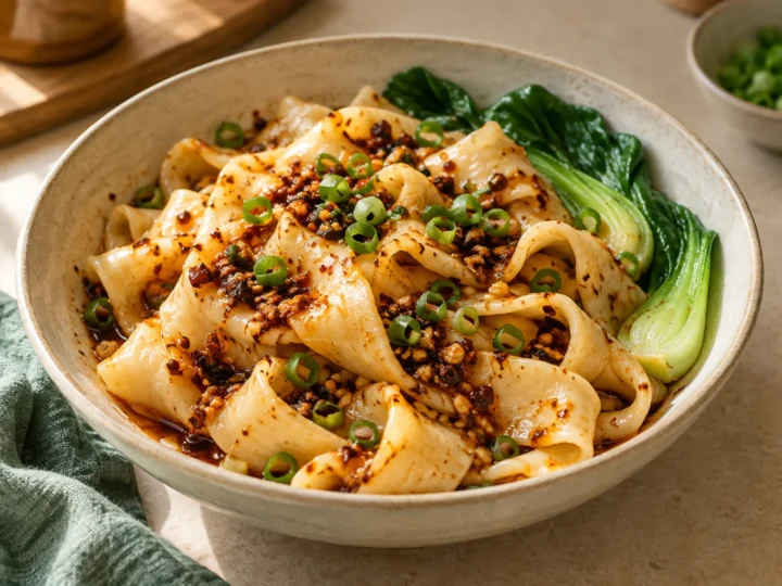 Hand-pulled biang biang noodles served ready to eat.