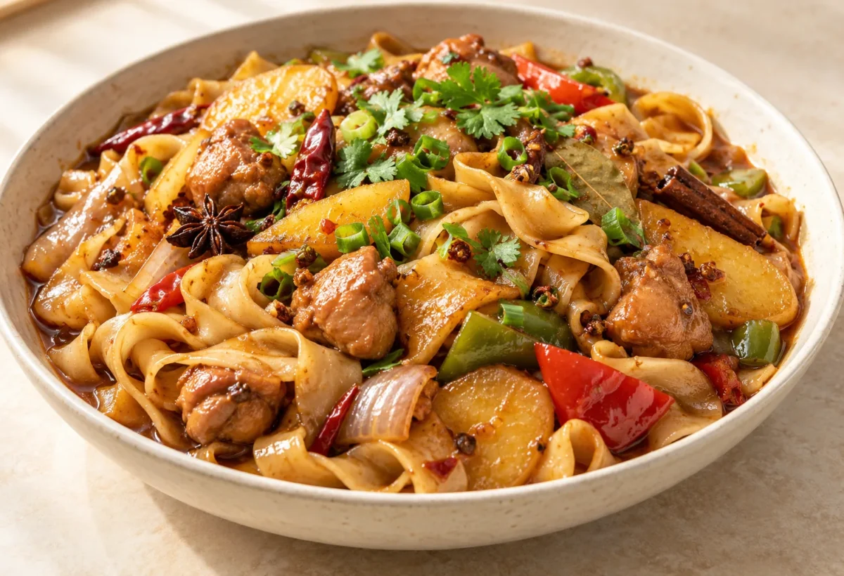 Big-plate chicken with potatoes served ready to eat.