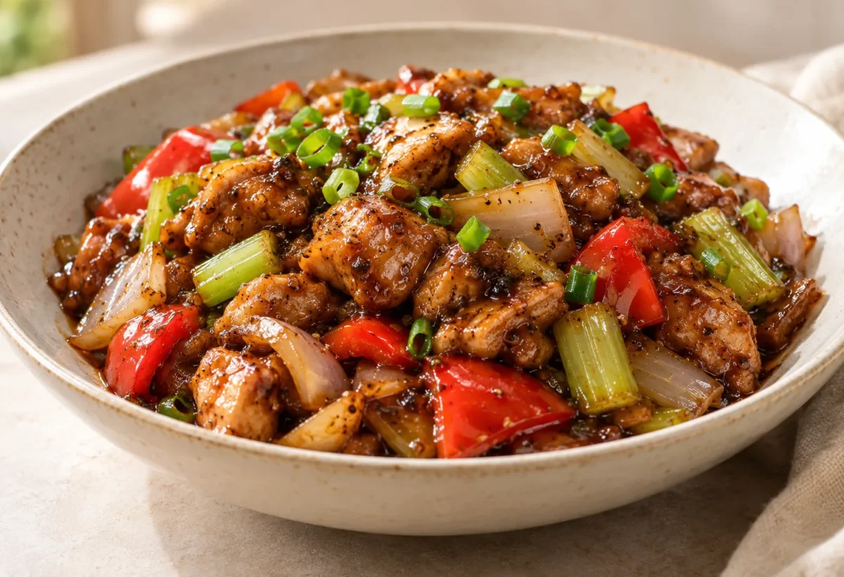 Black pepper chicken served ready to eat.