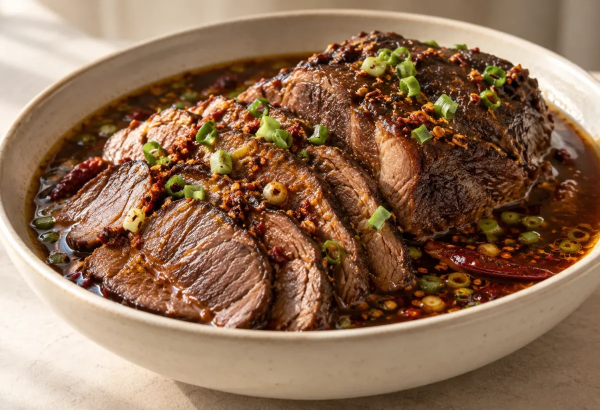 Spiced braised beef shin served ready to eat.