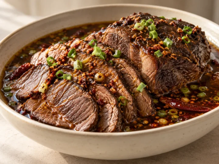 Spiced braised beef shin served ready to eat.
