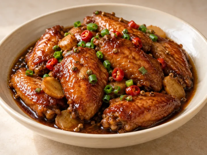 Braised chicken wings served ready to eat.