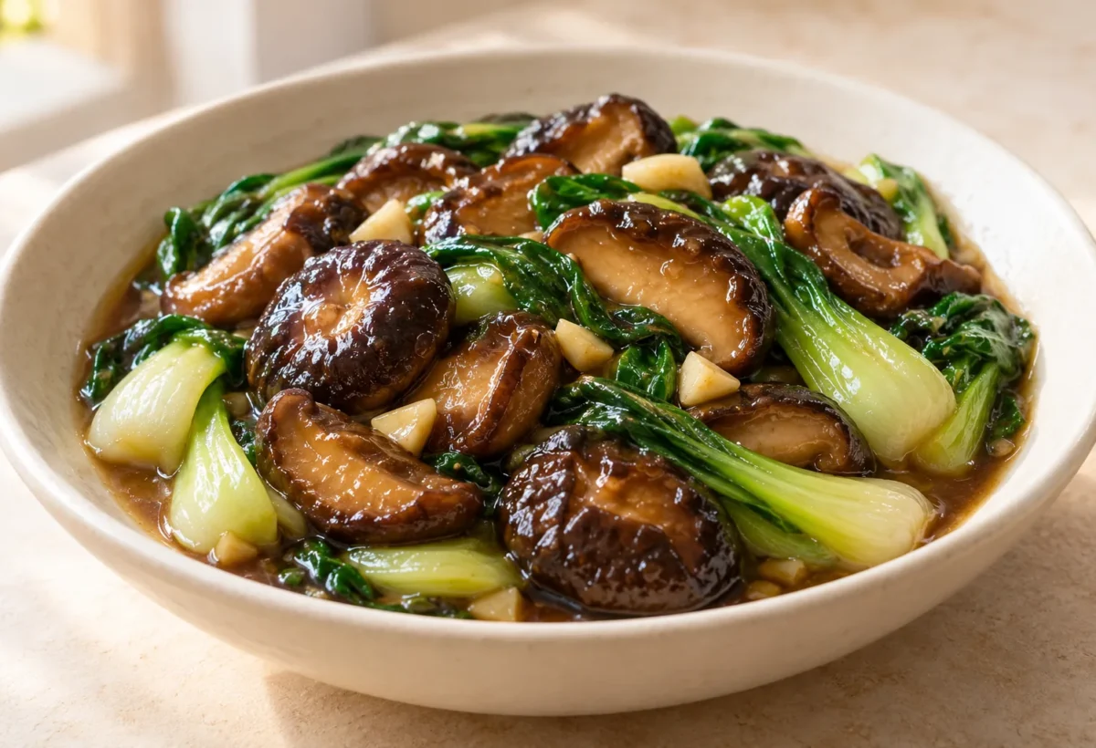Braised shiitake mushrooms served ready to eat.