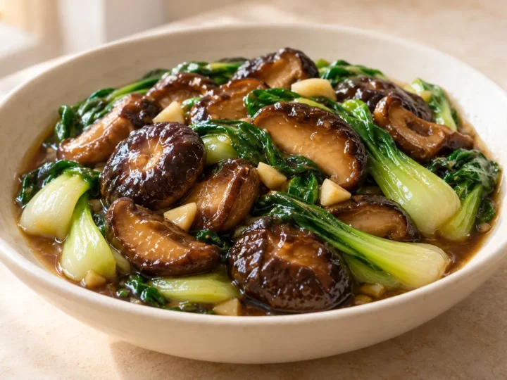 Braised shiitake mushrooms served ready to eat.