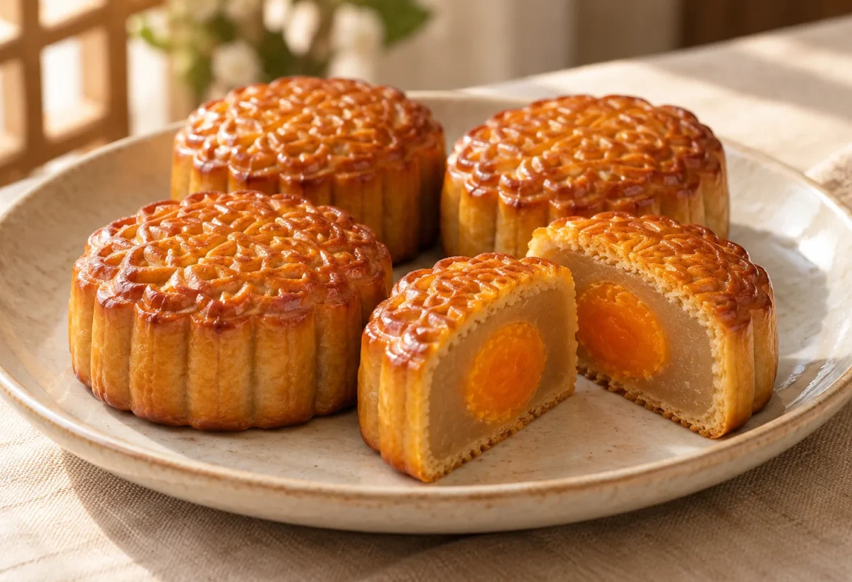 Cantonese-style baked mooncakes served ready to eat.