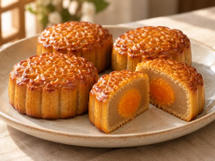 Cantonese-style baked mooncakes served ready to eat.