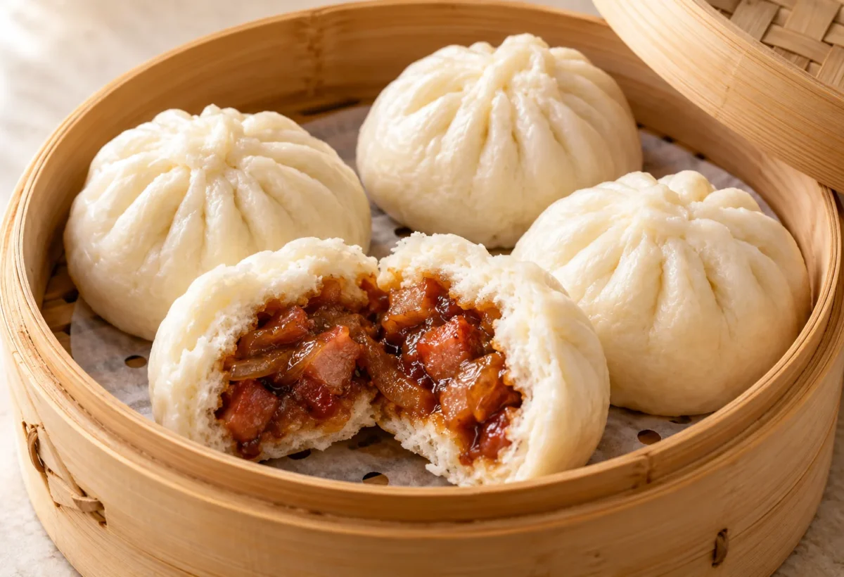 Char siu steamed pork buns served ready to eat.