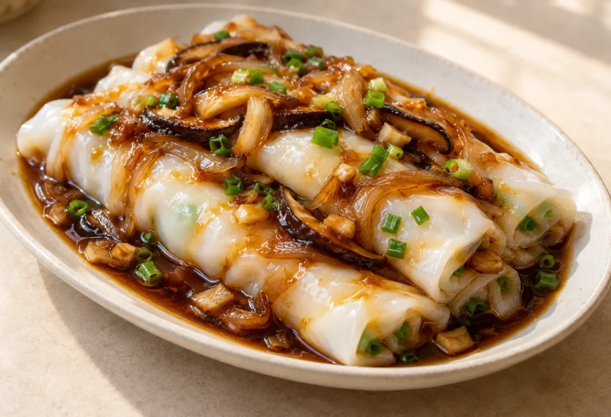 Cheung fun rice-noodle rolls served ready to eat.