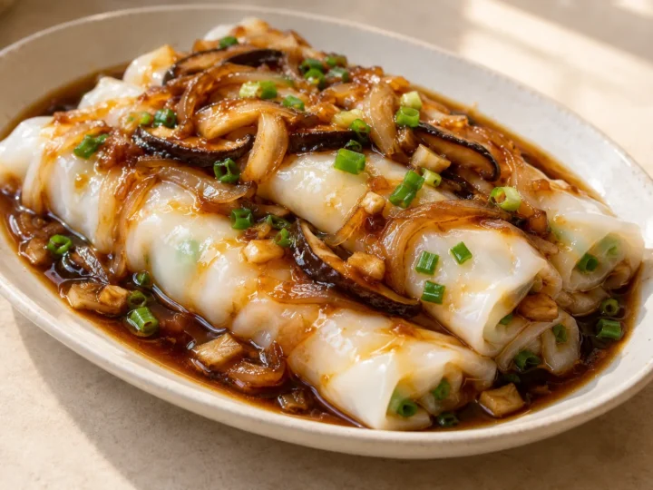 Cheung fun rice-noodle rolls served ready to eat.